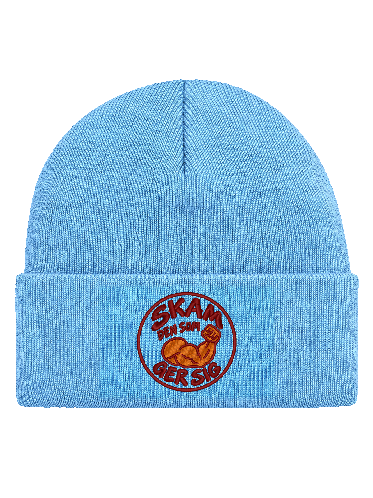 SKAM FRONT HCB-BBL-SKAM | Skam den som ger sig – Baby Blue Hatitude Cuffed Beanie | 5.92x5.92cm