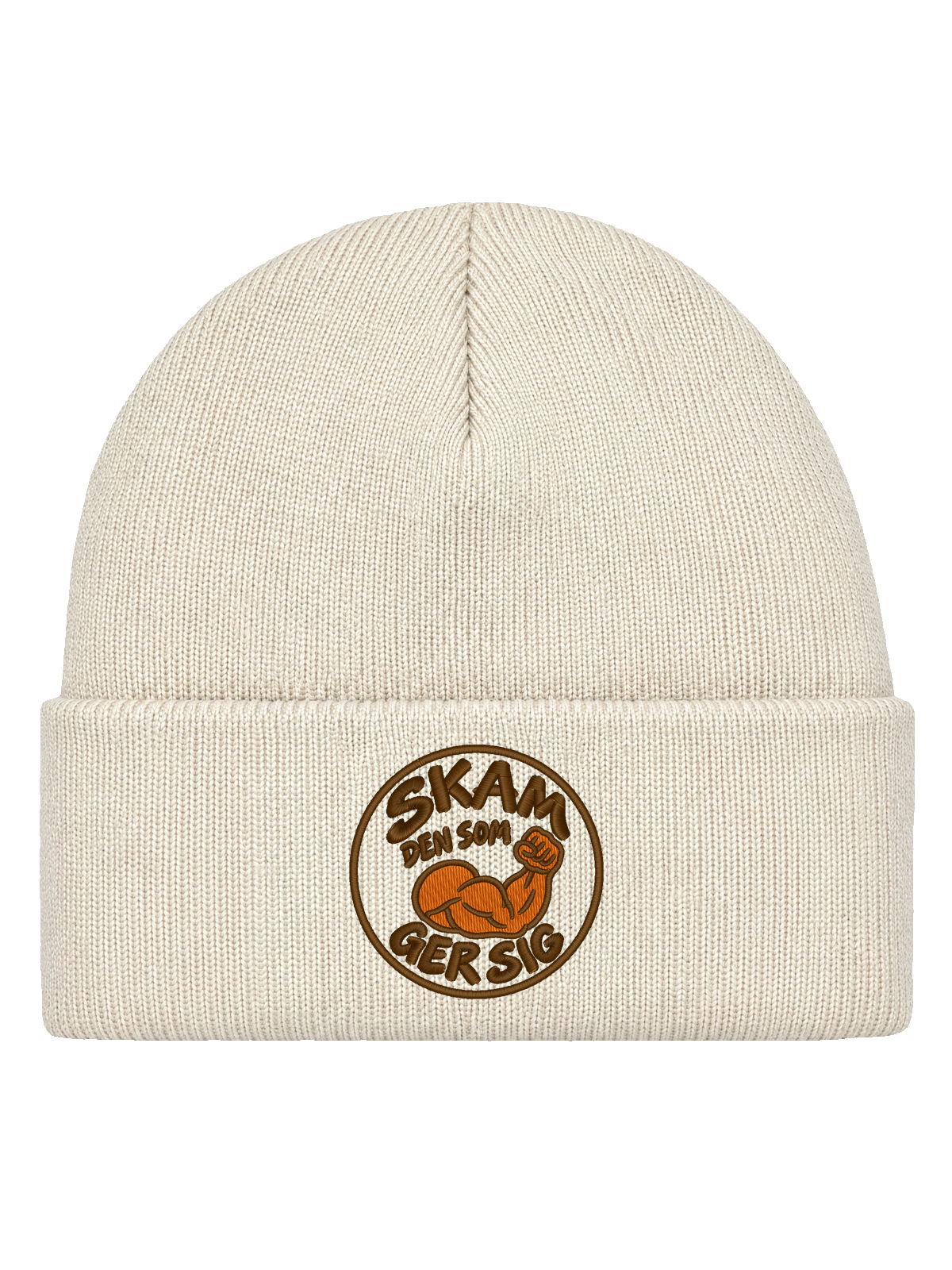 SKAM FRONT HCB-OFW-SKAM | Skam den som ger sig – Offwhite Hatitude Cuffed Beanie | 5.92x5.92cm