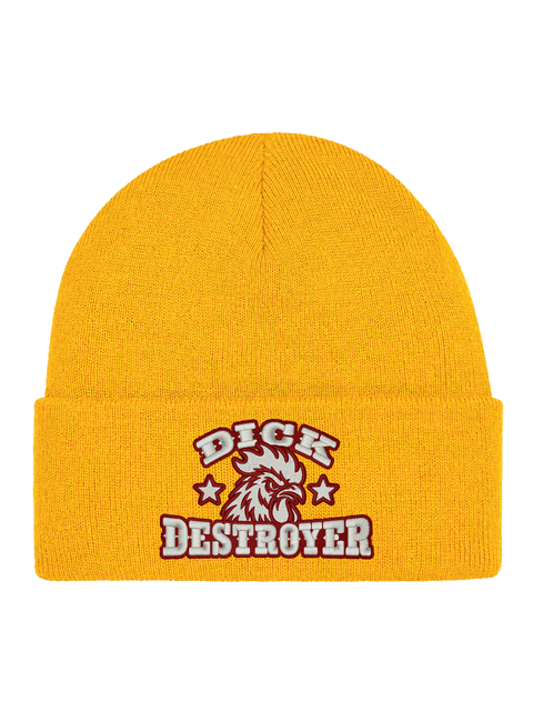 DD FRONT HCB-YLW-DD – Hatitude Cuffed Beanie Gul – produktbild med originalbrodyr