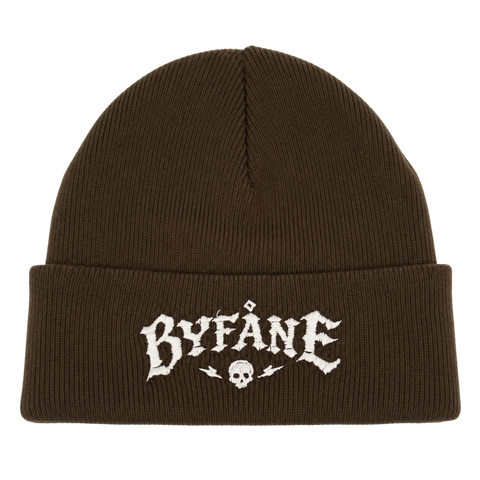 Byfåne – brun Cuffed Beanie, produktmockup.