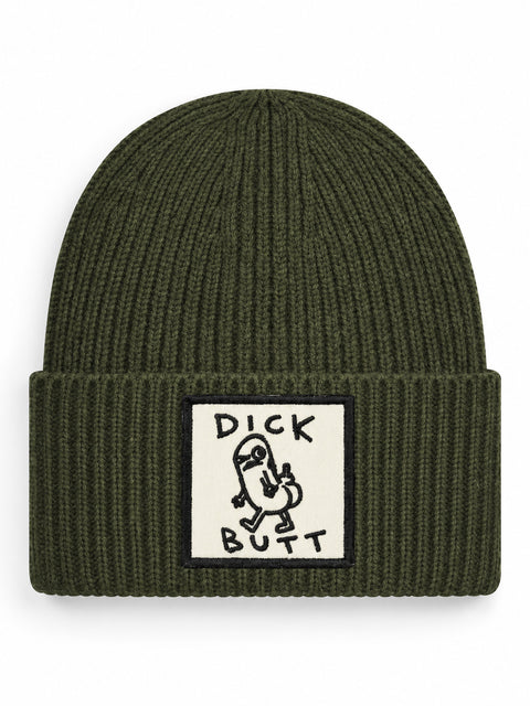 Dick Butt – Hatitude Oversized Cuffed Beanie Olivgrön, brodyr framifrån