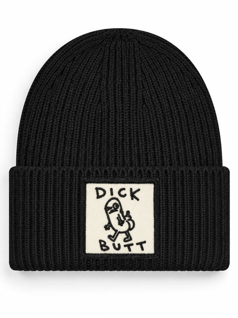 Dick Butt – Hatitude Oversized Cuffed Beanie Svart, brodyr framifrån