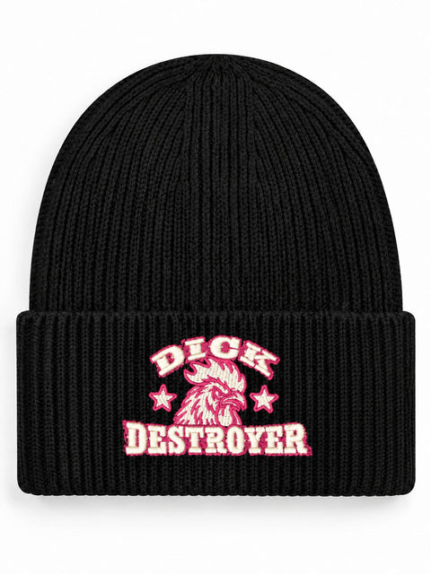 Dick Destroyer – Hatitude Oversized Cuffed Beanie Svart, brodyr framifrån