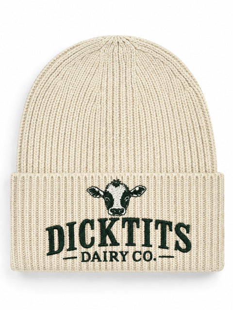 Dicktits Dairy Co. – Hatitude Oversized Cuffed Beanie Havre, brodyr framifrån