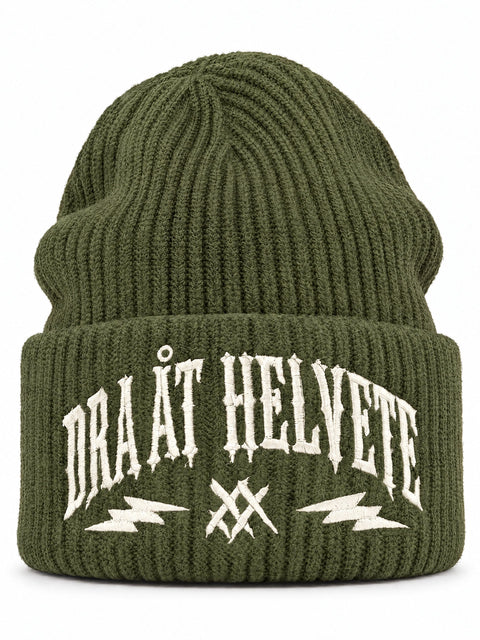 Dra åt helvete – Hatitude Oversized Cuffed Beanie Olivgrön, brodyr framifrån