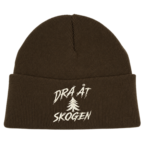 Dra åt skogen – brun Cuffed Beanie, produktmockup.