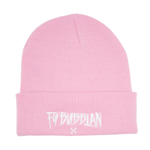 Fy bubblan – rosa Cuffed Beanie med vit brodyr