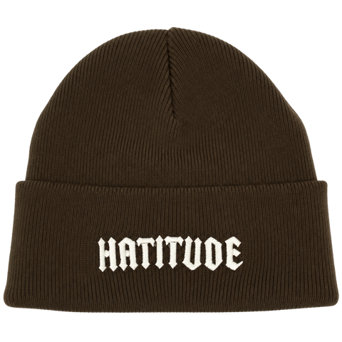 Hatitude – brun Cuffed Beanie, produktmockup med samma brodyr som svart.