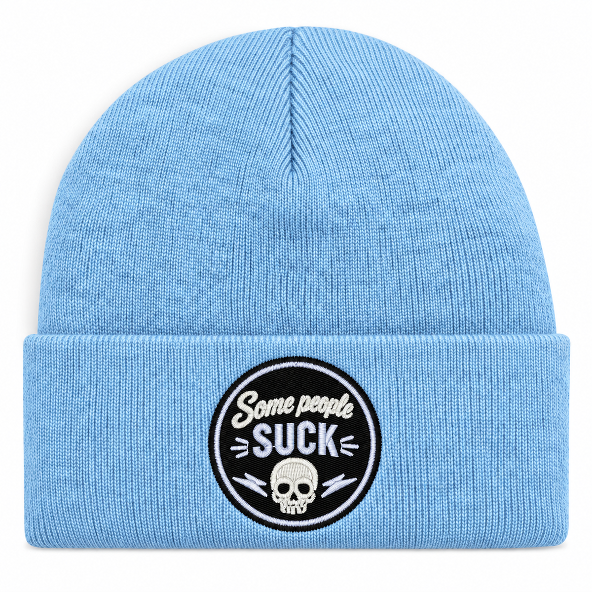 Some People Suck – Baby blå Hatitude Cuffed Beanie med direktbrodyr på vit bakgrund