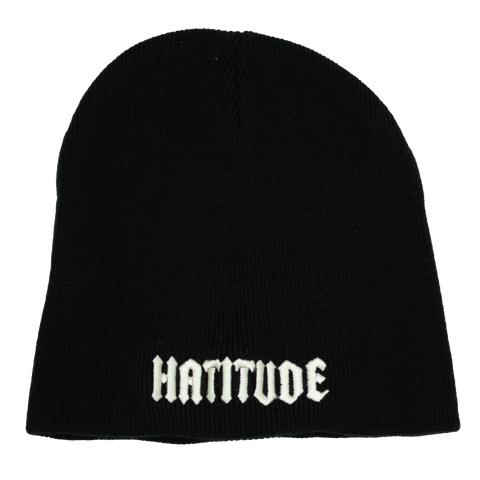 Svart Hatitude Beanie utan uppvik – offwhite HATITUDE-brodyr fram
