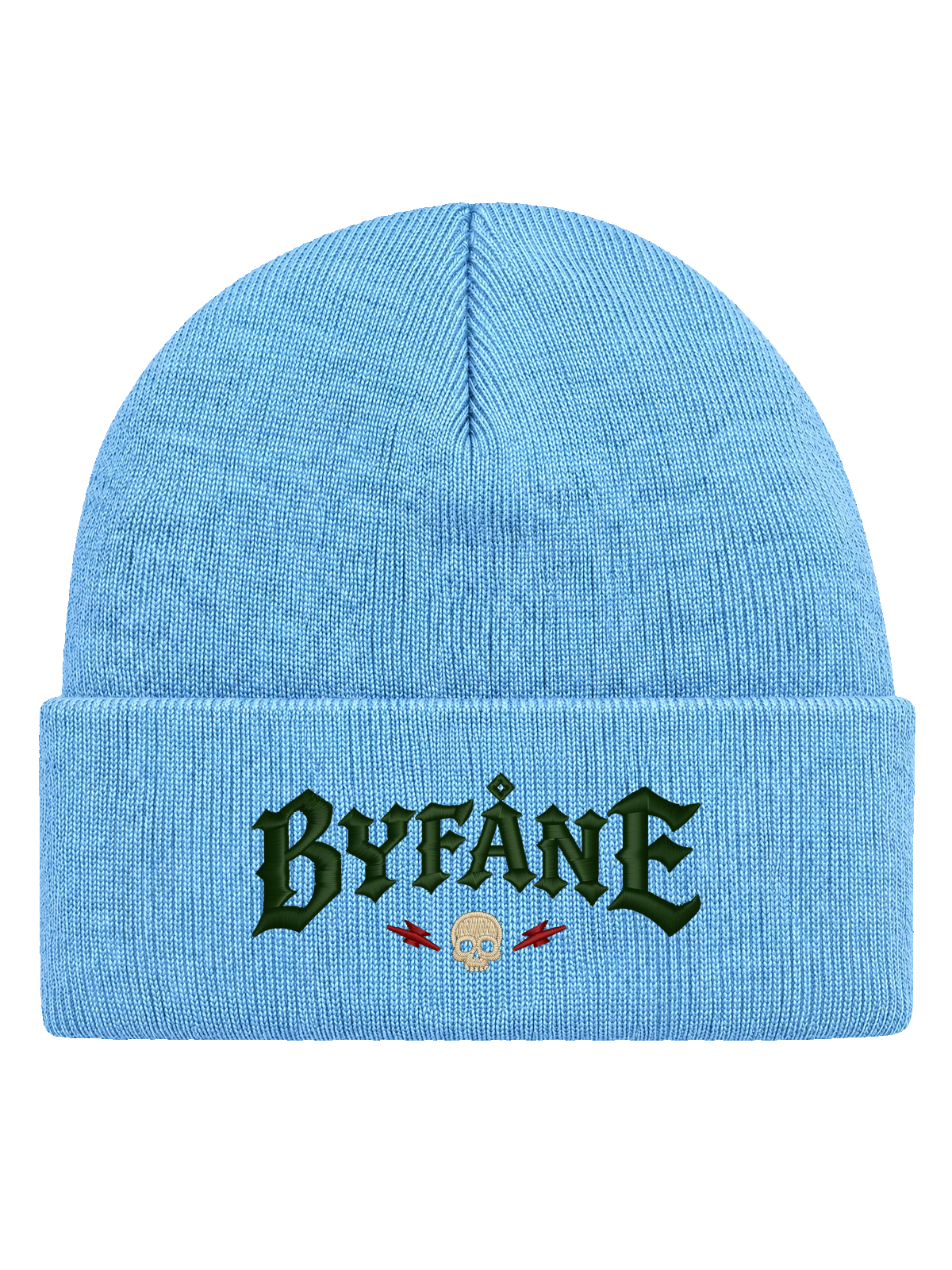 Byfåne, Baby Blue, Hatitude Cuffed Beanie, HCB-BBL-BYF. Transparent produktbild. Brodyr 10,5 × 4,63 cm.