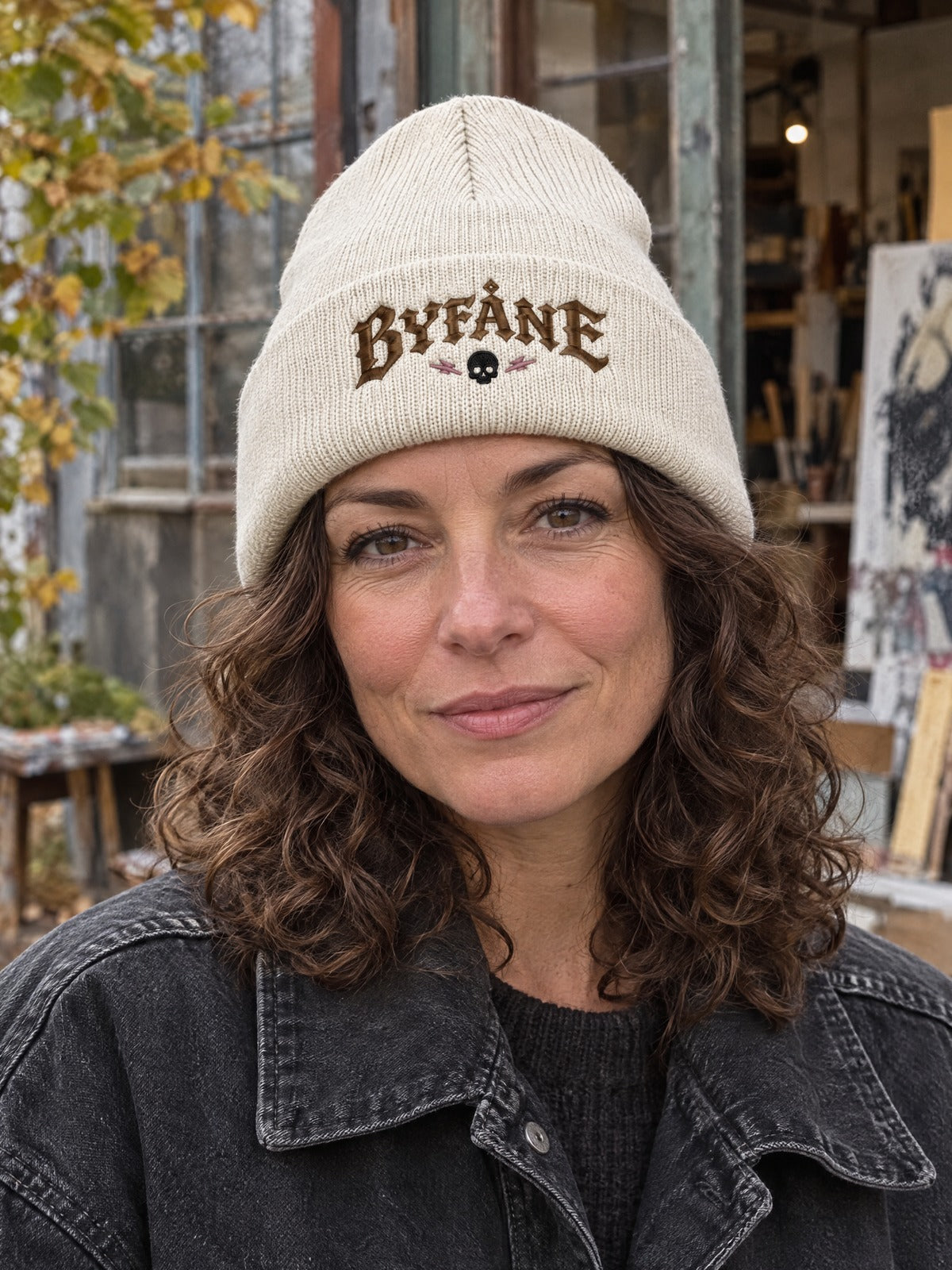 BYF PERSON 1050x463 – Byfåne, Offwhite, Hatitude Cuffed Beanie. Brodyr 10,5 × 4,63 cm.