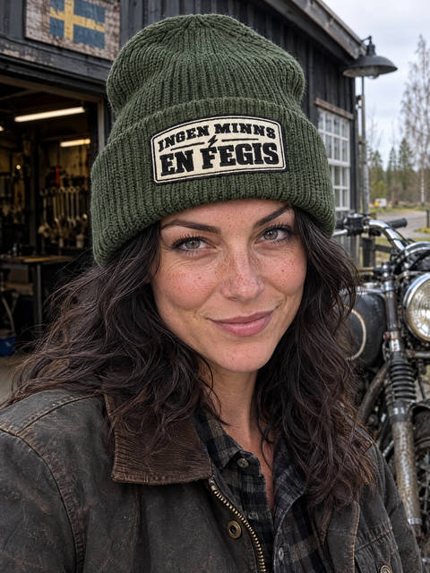 Ingen minns en fegis – olivgrön oversized cuffed beanie på person