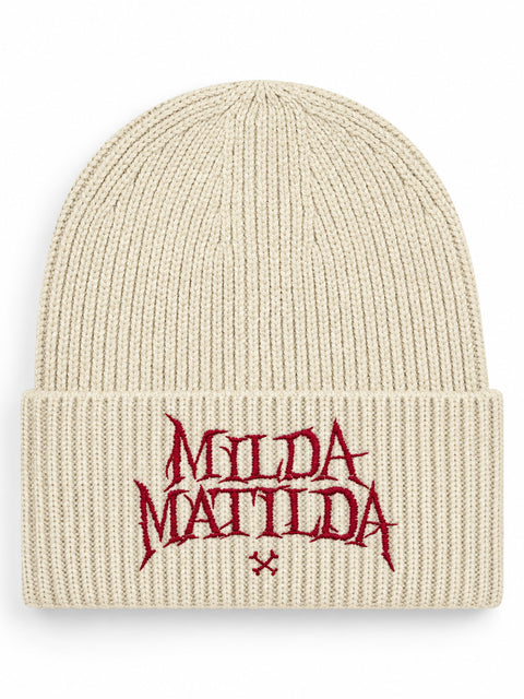 Milda Matilda – Hatitude Oversized Cuffed Beanie Havre, brodyr framifrån