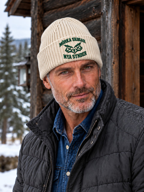 Mörka skogar, nya synder – Hatitude Oversized Cuffed Beanie Havre, på modell