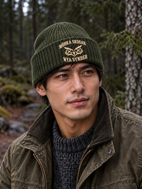 Mörka skogar, nya synder – Hatitude Oversized Cuffed Beanie Olivgrön, på modell