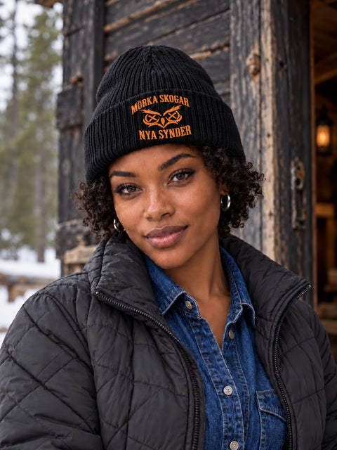 Mörka skogar, nya synder – Hatitude Oversized Cuffed Beanie Svart, på modell