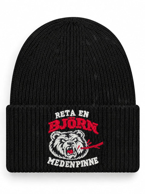 Reta en björn med en pinne – Hatitude Oversized Cuffed Beanie Svart, brodyr framifrån