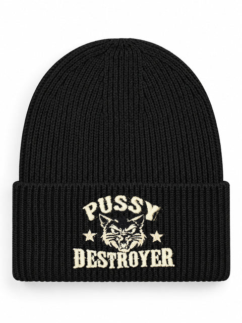 Pussy Destroyer – Hatitude Oversized Cuffed Beanie Svart, brodyr framifrån