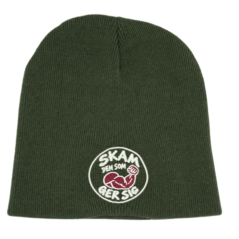 Skam den som ger sig – Olivgrön Hatitude Beanie utan uppvik, produktmockup