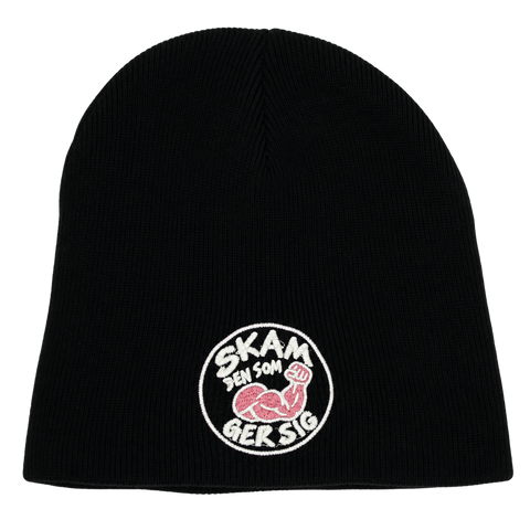 Skam den som ger sig – Svart Hatitude Beanie utan uppvik, produktmockup