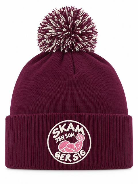 Skam den som ger sig – Vinröd Pom Pom Beanie