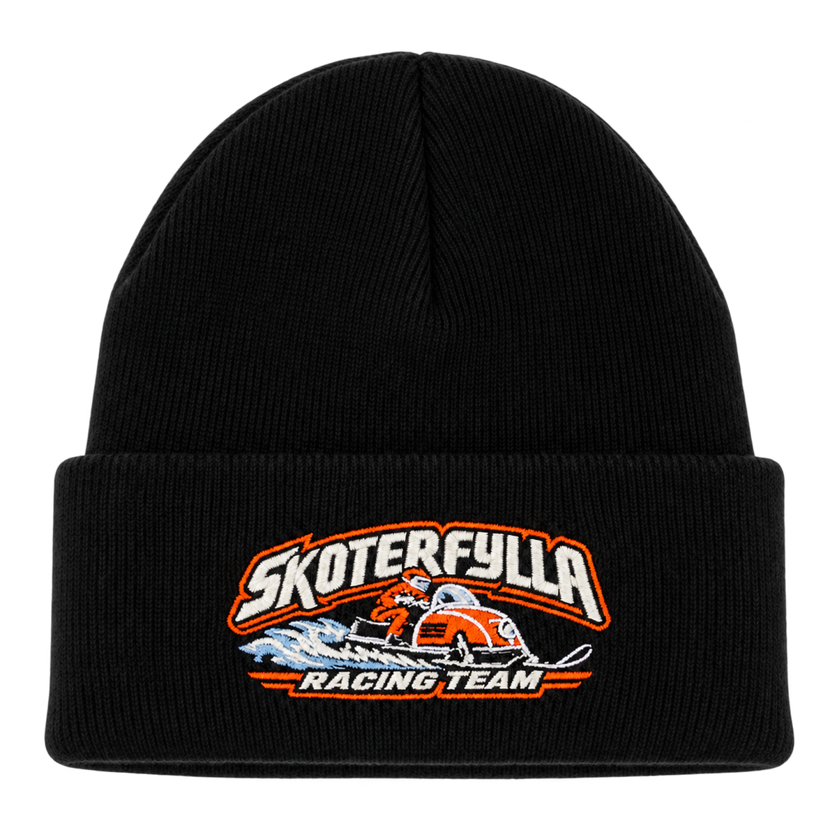 Skoterfylla Racing Team henkilön päässä, lähikuva
