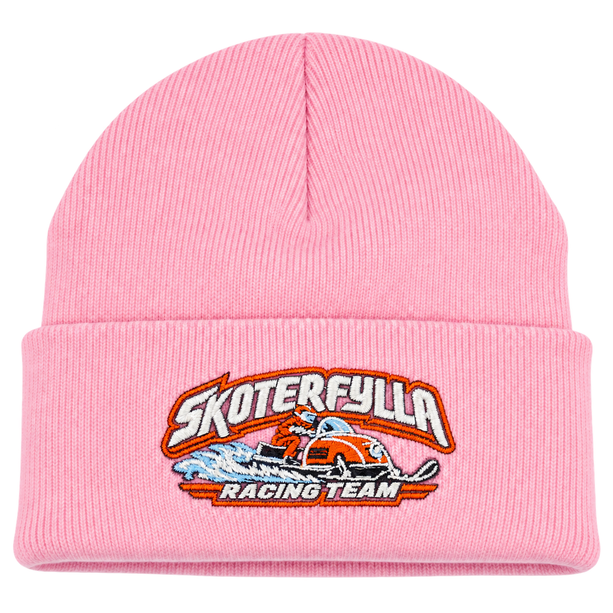 Skoterfylla Racing Team henkilön päässä, lähikuva