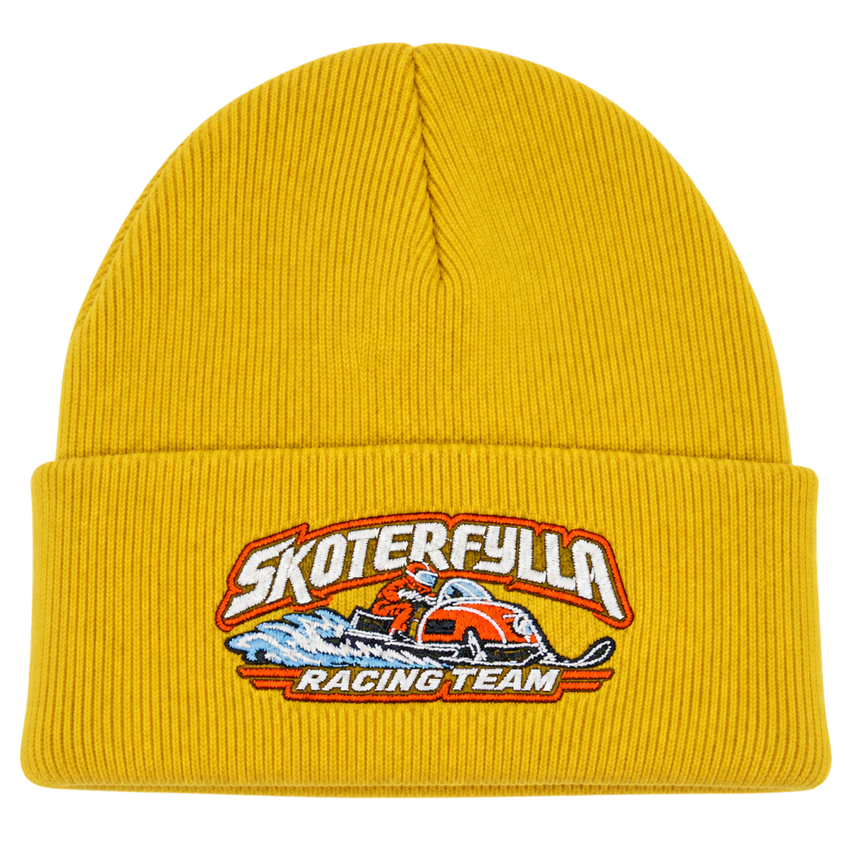 Skoterfylla Racing Team henkilön päässä, lähikuva