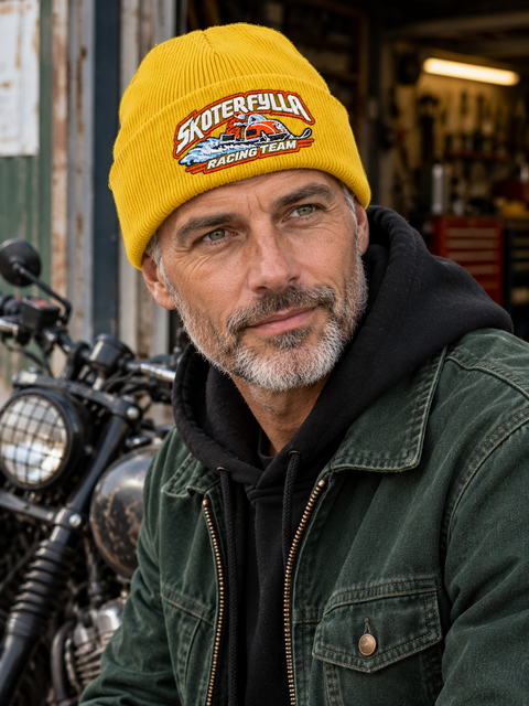 Skoterfylla Racing Team – Gul Cuffed Beanie, personbild – utan bottenfyllning
