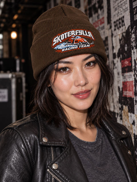 Skoterfylla Racing Team – Brun Cuffed Beanie, personbild – utan bottenfyllning
