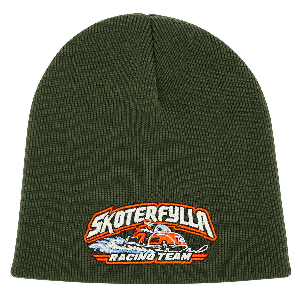 Skoterfylla Racing Team henkilön päässä, lähikuva