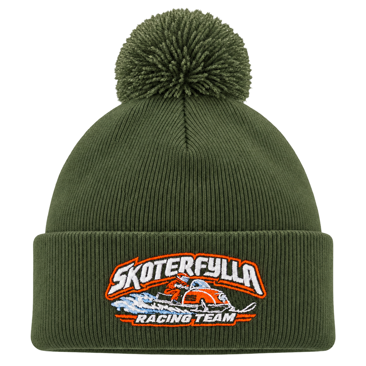Skoterfylla Racing Team henkilön päässä, lähikuva