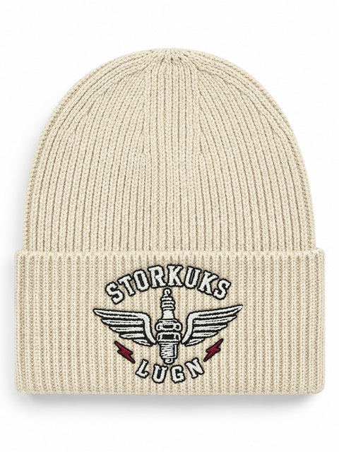 Storkuks Lugn – Hatitude Oversized Cuffed Beanie Havre, brodyr framifrån