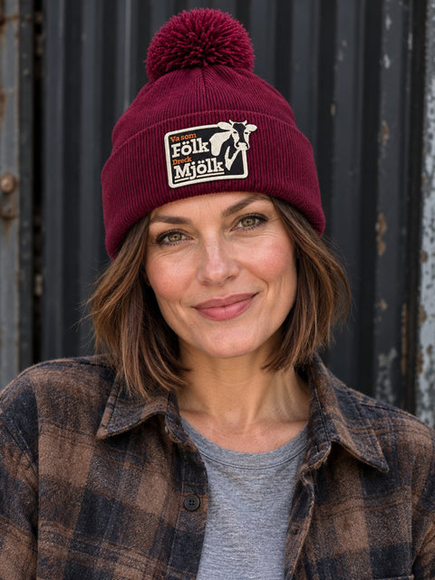 Va som Fölk Dreck Mjölk – Vinröd Pom Pom Beanie, personbild